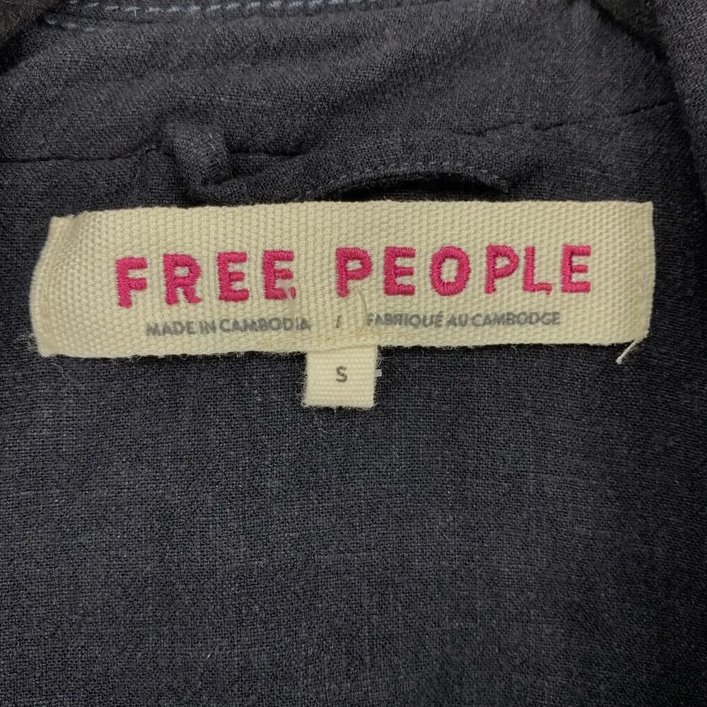 Free People Linen Blend Double Breasted Blazer Jacket Womens Sz Small Black